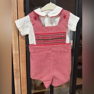 Vintage smocked jon jon romper shortall Christmas baby boy heirloom reversible